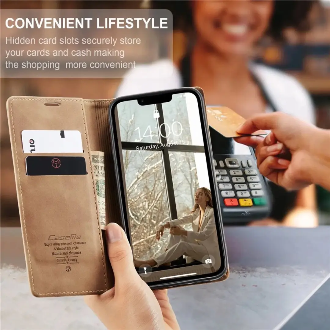 Caseme Retro Texture Book Wallet Hoesje iPhone 16e - Lichtbruin