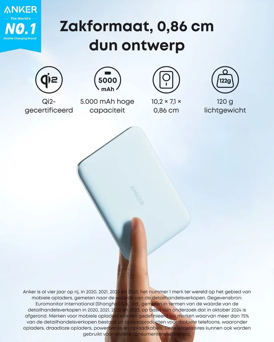 Anker Nano Powerbank 5000mAh - Blauw - Qi2 15W MagSafe - afbeelding 6 van 6