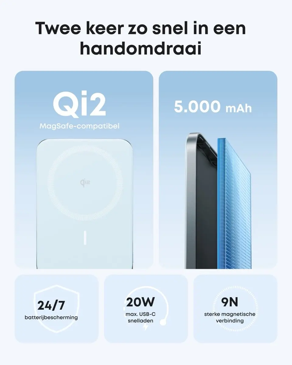 Anker Nano Powerbank 5000mAh - Blauw - Qi2 15W MagSafe