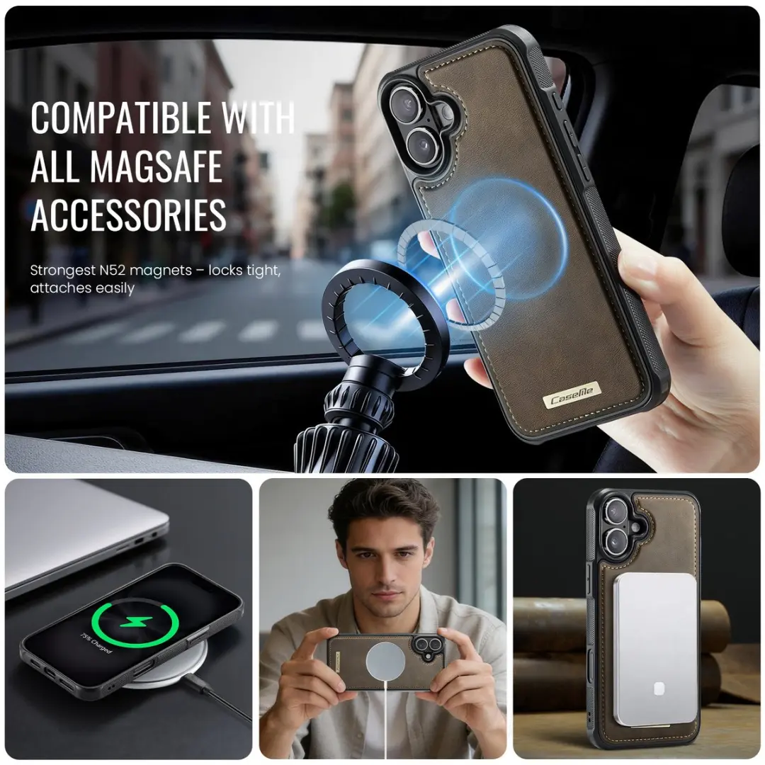 Caseme C69 Leather Back Cover iPhone 16 Hoesje - MagSafe - Bruin - afbeelding 6 van 6