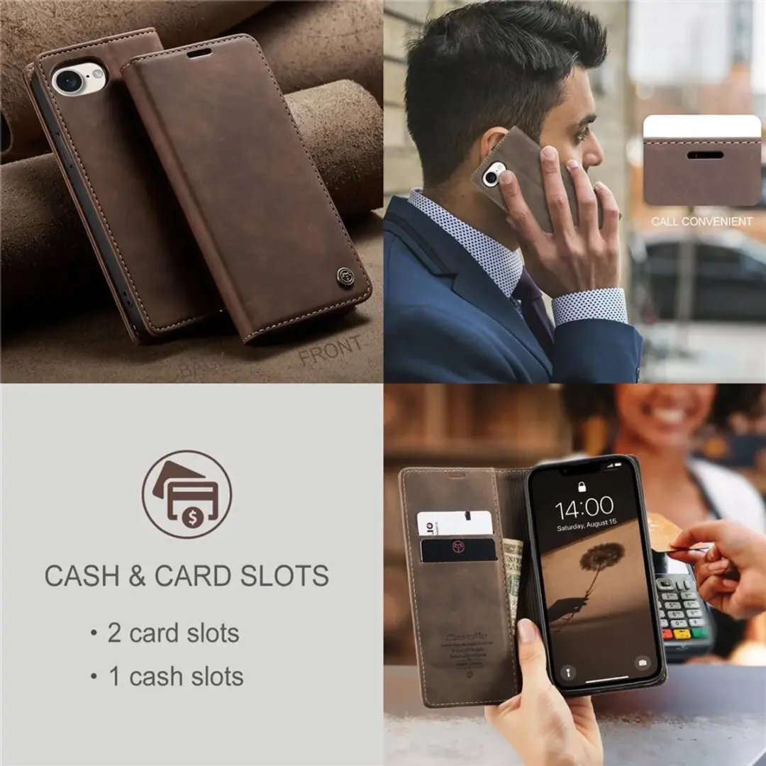 Caseme Retro Texture Book Wallet Hoesje - iPhone 16e - 2 Pasjes - Bruin