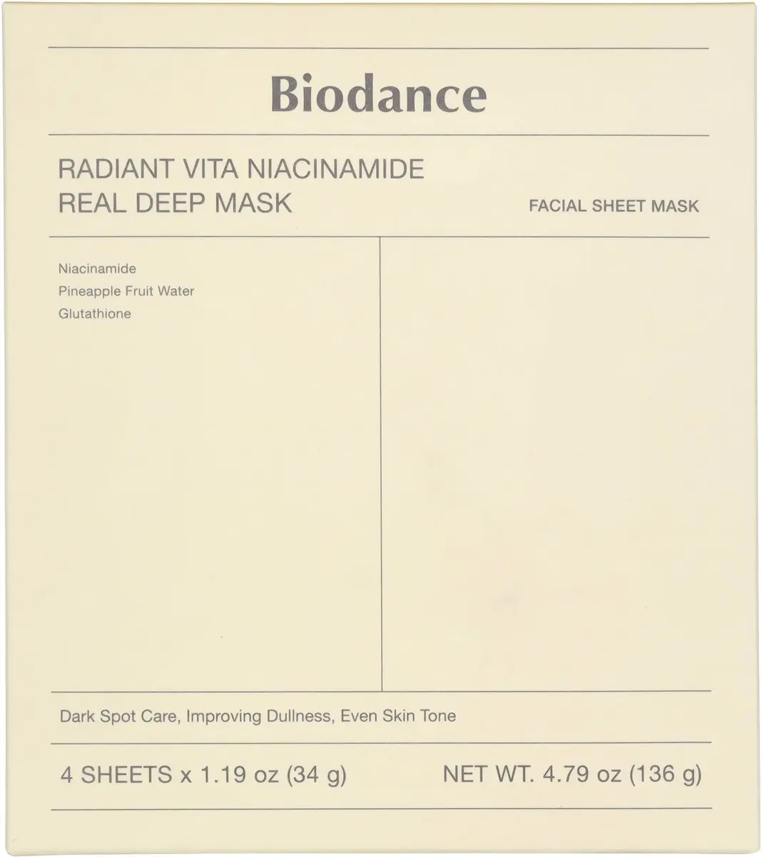 Biodance Radiant Vita Niacinamide Real Deep Mask - 4x34ml - Geel