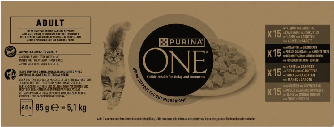 Purina ONE Adult Natvoer Kat Lam Rund Tonijn Zeevis - 60x85g