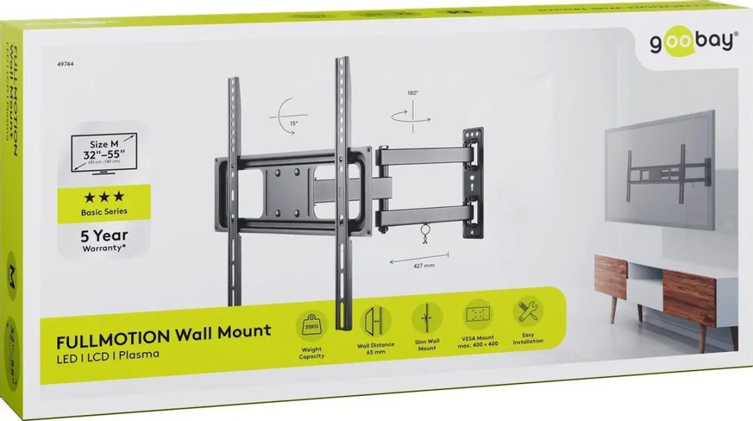 Goobay Basic Series Full Motion M TV Muurbeugel 32-55" - 35kg - Zwart - afbeelding 6 van 6