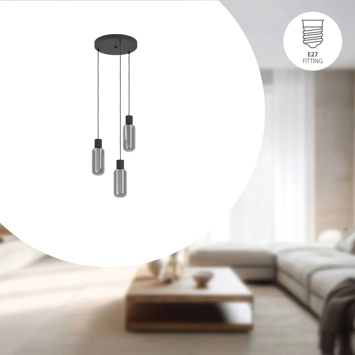 Eglo Majone Hanglamp Ø30cm - Zwart/Grijs Rookglas - afbeelding 6 van 6