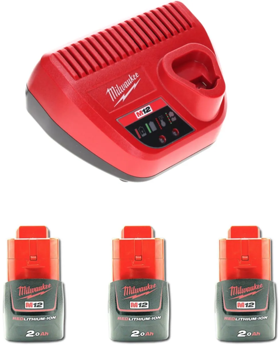 Milwaukee M12 Startset 3x 2.0Ah Accu + M12-C12C Lader - afbeelding 3 van 5