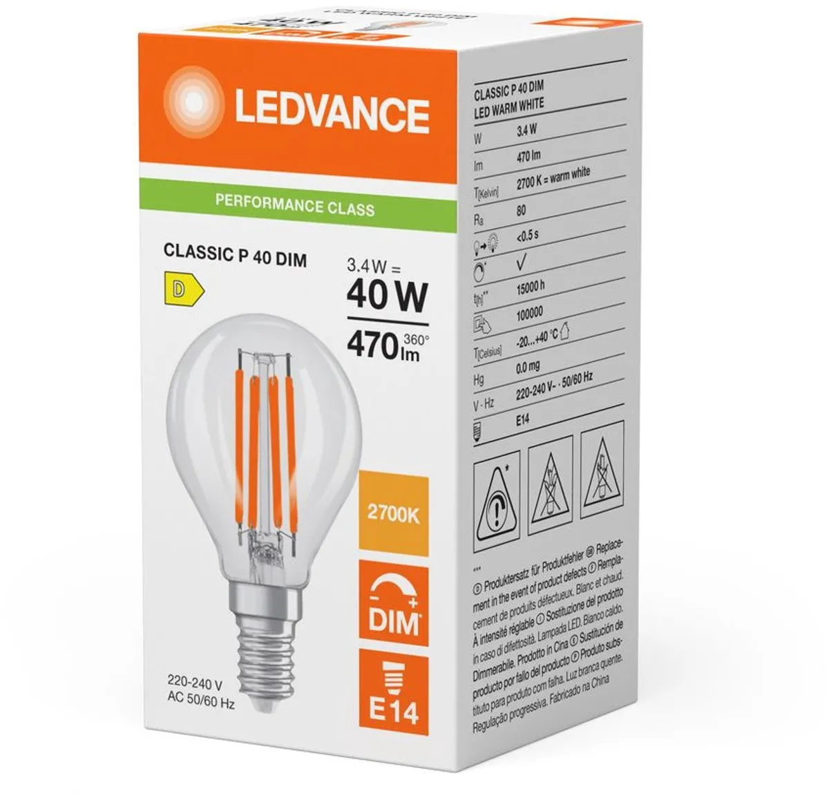 LEDVANCE LED Filament Kogellamp E14 3.4W 470lm - Warm wit - Ø45mm