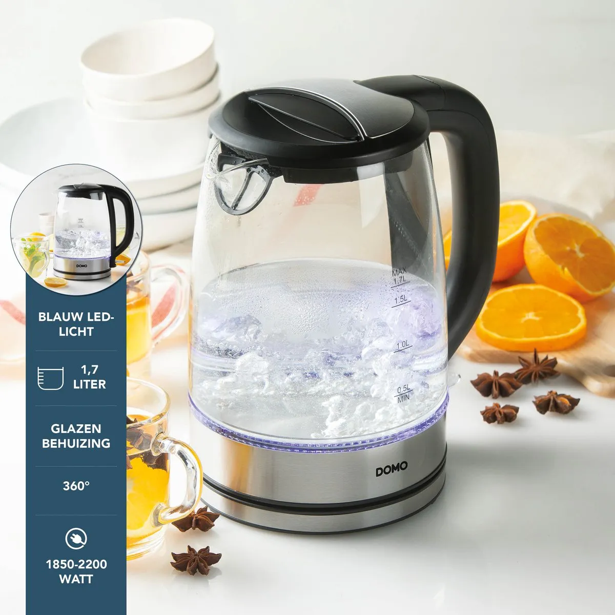 Domo DO9266WK Waterkoker 1,7L - Glas - Zwart