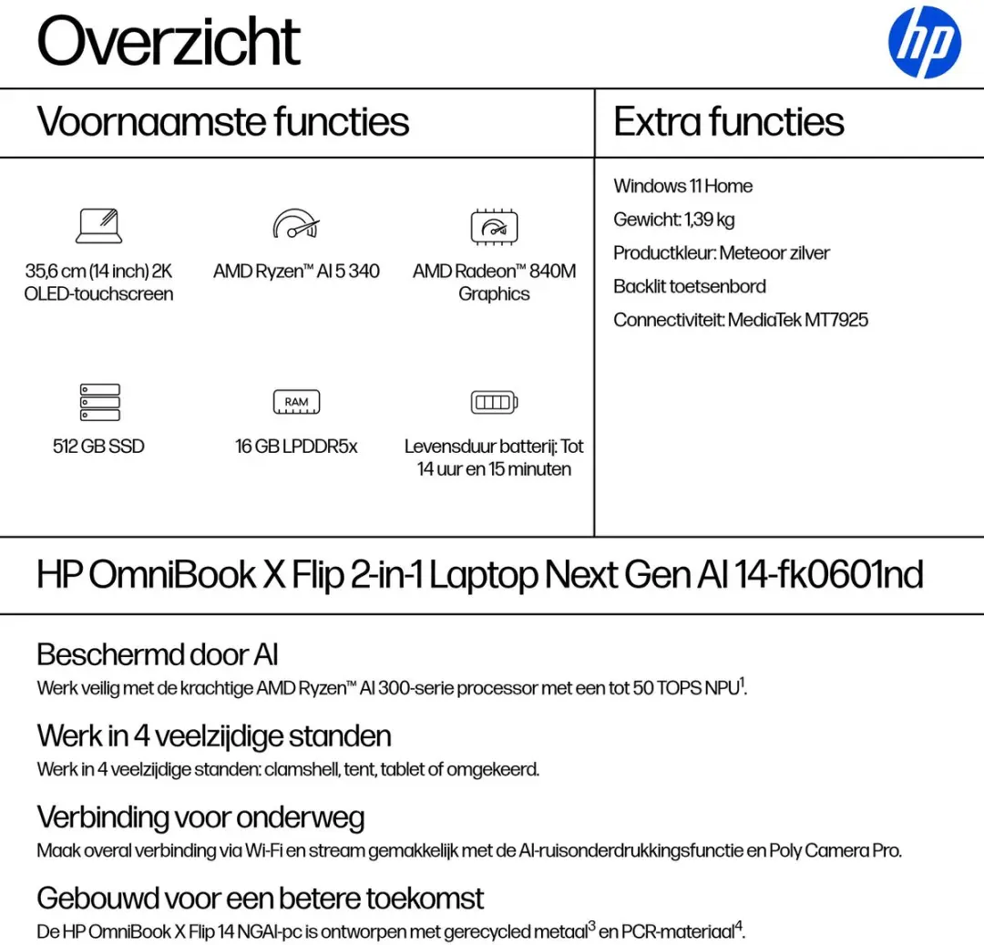 HP OmniBook X Flip Next Gen AI 14-fk0601nd - 2-in-1 - 16GB 512GB - Zilver