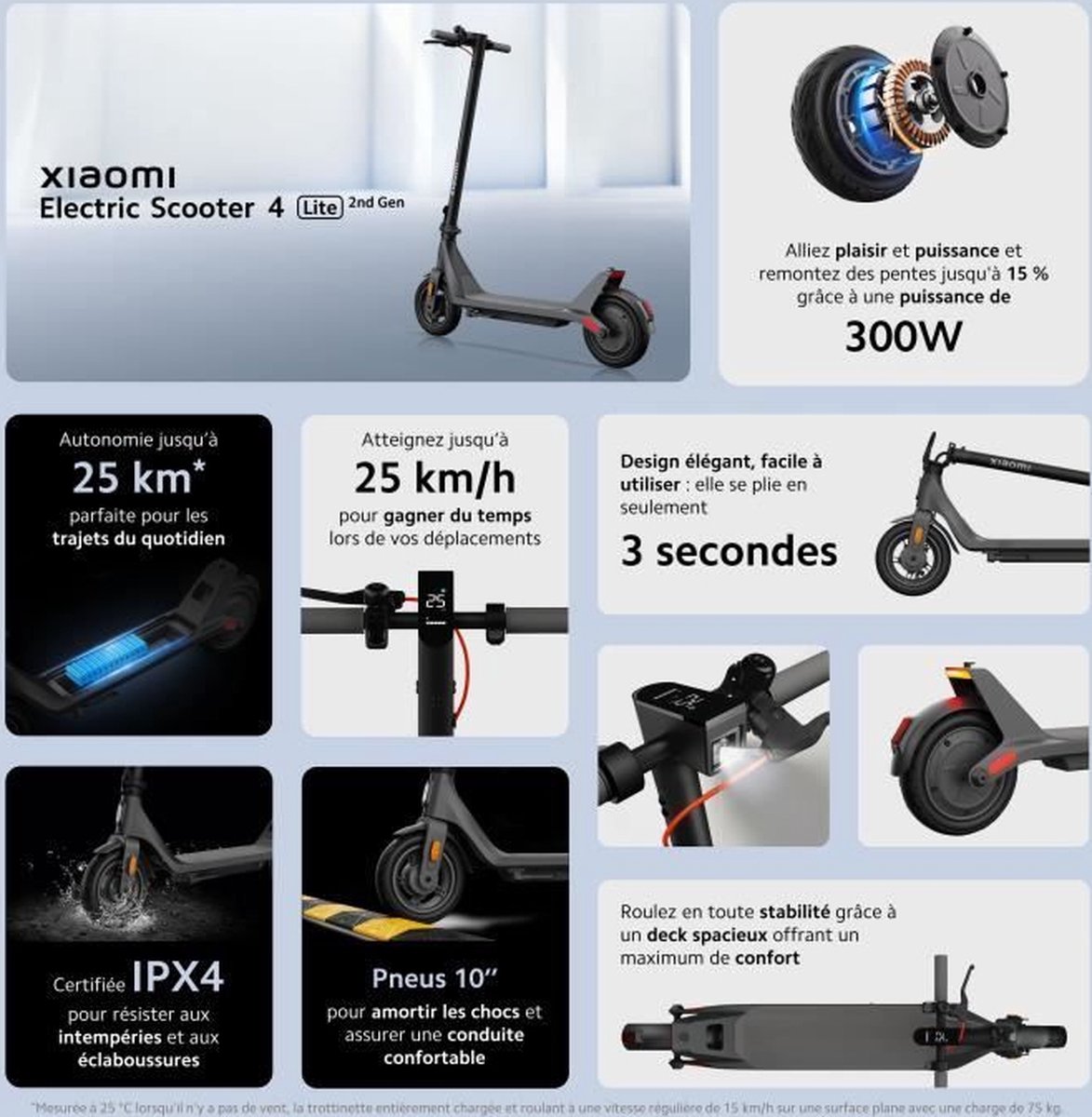 Elektrische scooter - XIAOMI - Elektrische scooter 4 Lite 2e generatie - Banden 10 - 300W Max - 10,4Ah - Bereik 25km