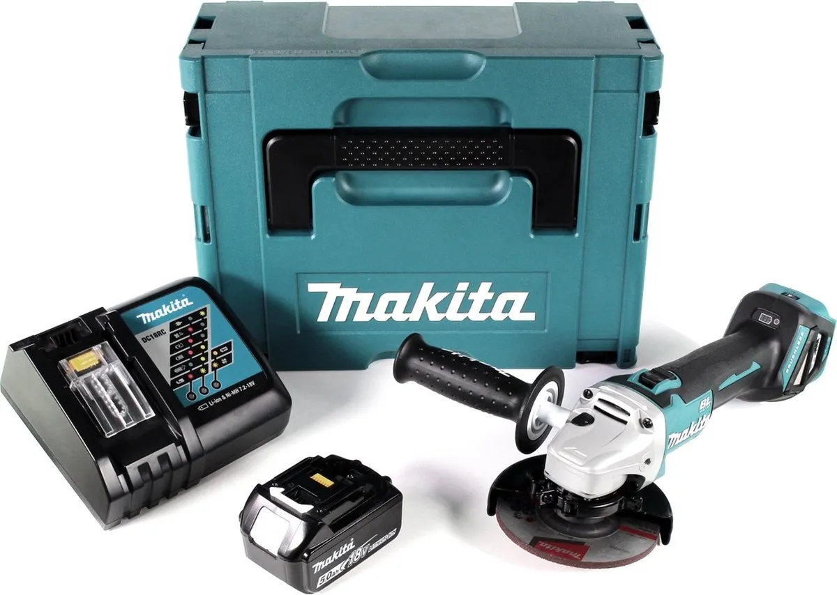 Makita DGA 511 RT1J Haakse Slijper 18V - 125mm - 5.0Ah Accu Bundel
