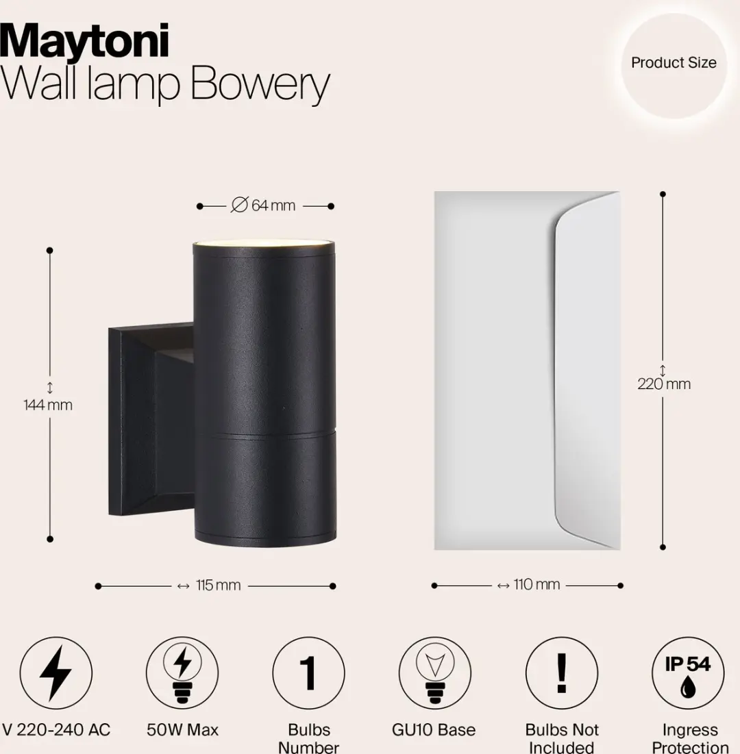 Maytoni Outdoor Wandlamp Bowery Ø6,4cm - Zwart