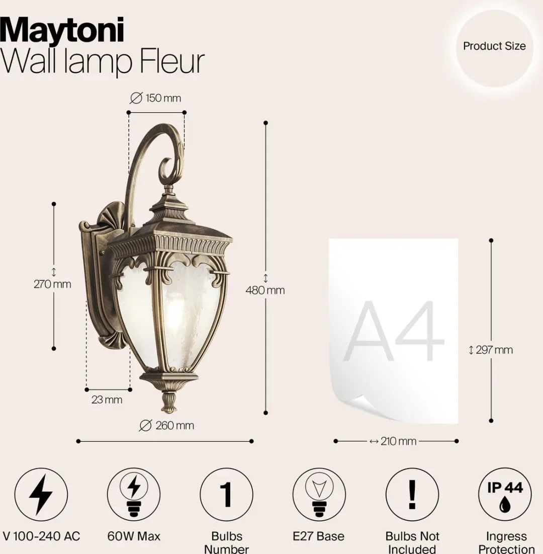 Maytoni Outdoor Wandlamp Fleur Ø26 - Zwart/Goud