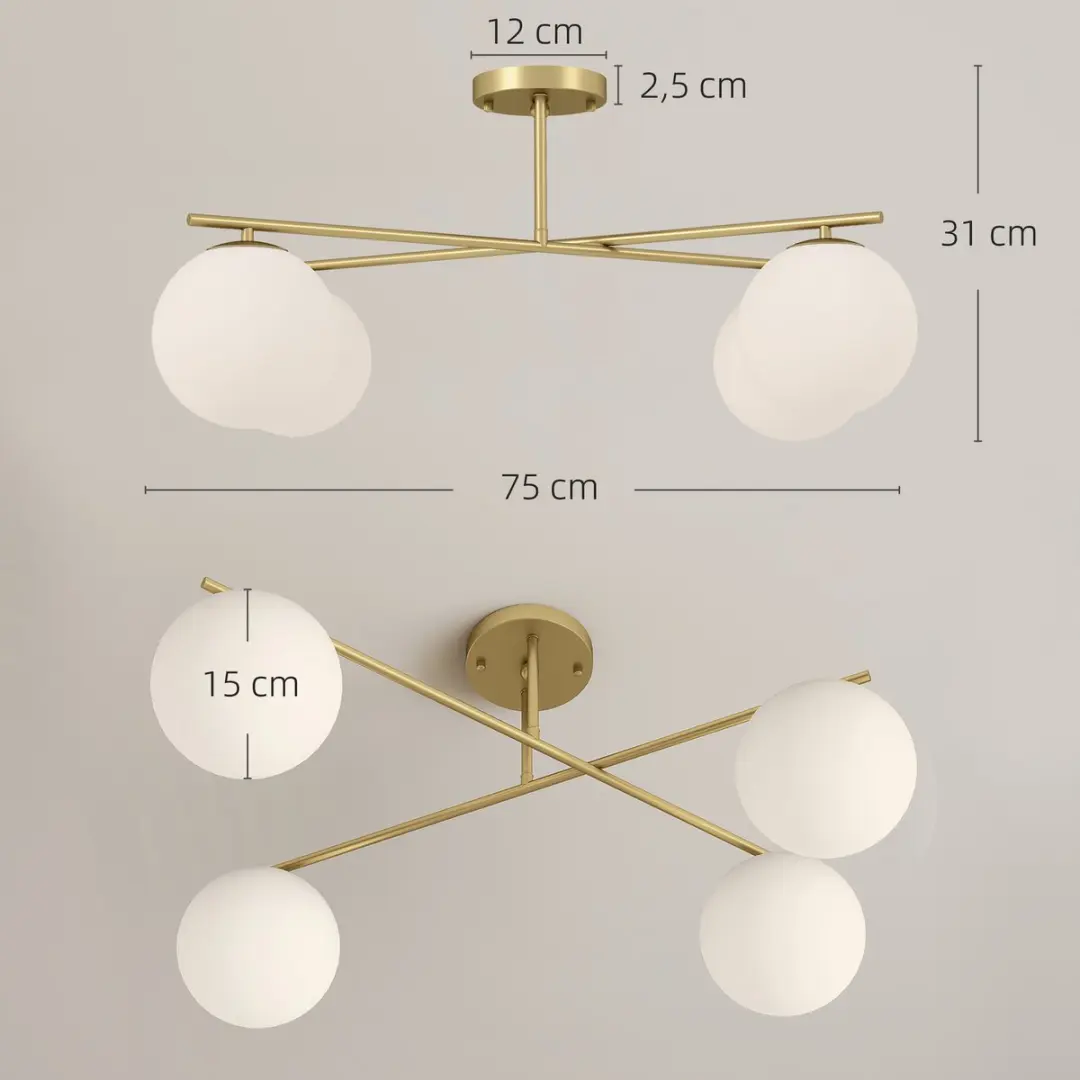 Homcom Plafondlamp 75x75cm - 4 Lichtpunten - Goud - afbeelding 6 van 6