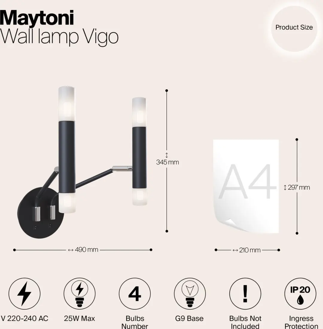 Maytoni Vigo Wandlamp - 4 Lichtpunten - Zwart