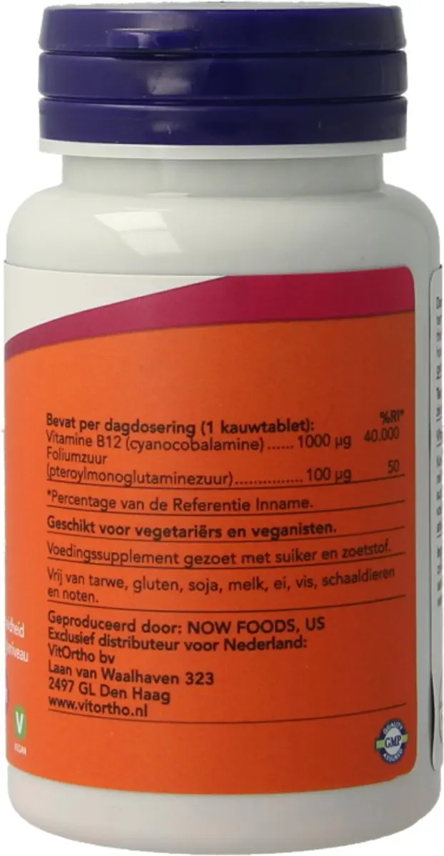 Now Foods Vitamine B-12 1000µg & Foliumzuur 100µg Kauwtabletten - 100 Stuks