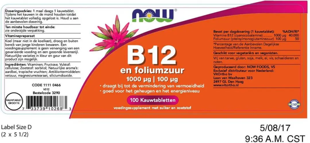 Now Foods Vitamine B-12 1000µg & Foliumzuur 100µg Kauwtabletten - 100 Stuks