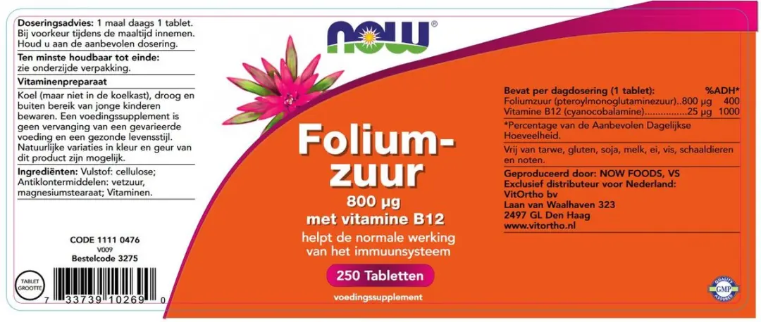Now Foods Foliumzuur 800µg + B12 - 250 Tabletten