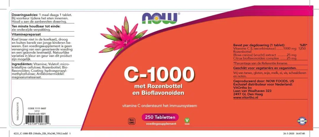 Now Foods Vitamine C-1000 Rozenbottel 250 Tabletten