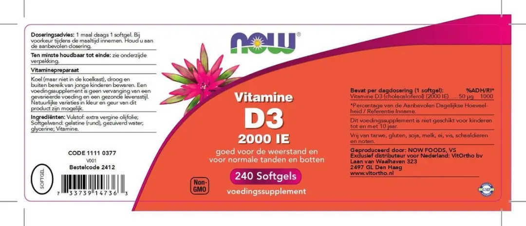 Now Foods Vitamine D3 2000IE Softgels - 240 Stuks