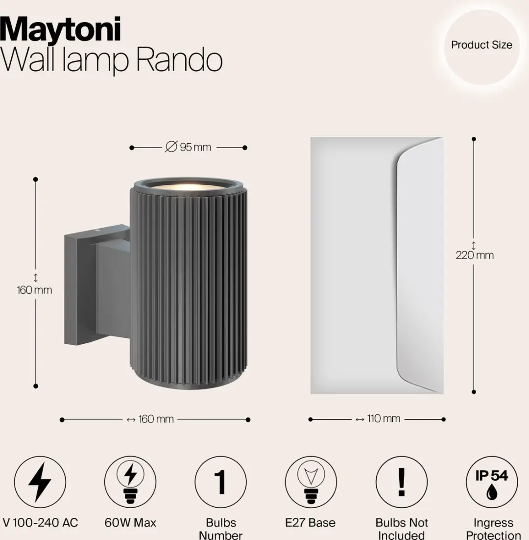 Maytoni Outdoor Wandlamp Rando Ø9,5cm - Grijs