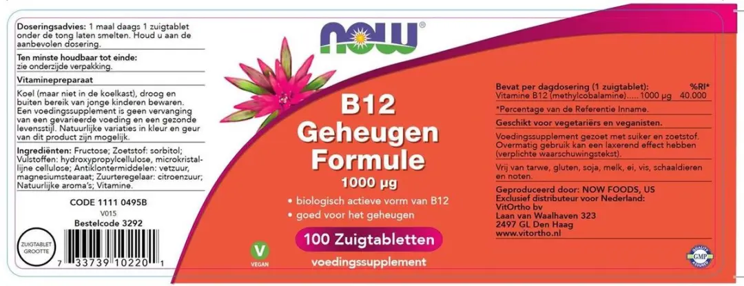 Now Foods Vitamine B-12 Geheugen Formule 1000µg - 100 Zuigtabletten