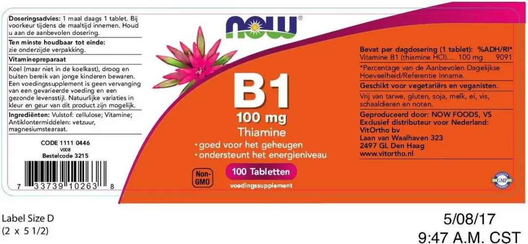 Now Foods Vitamine B-1 100mg - 100 Tabletten