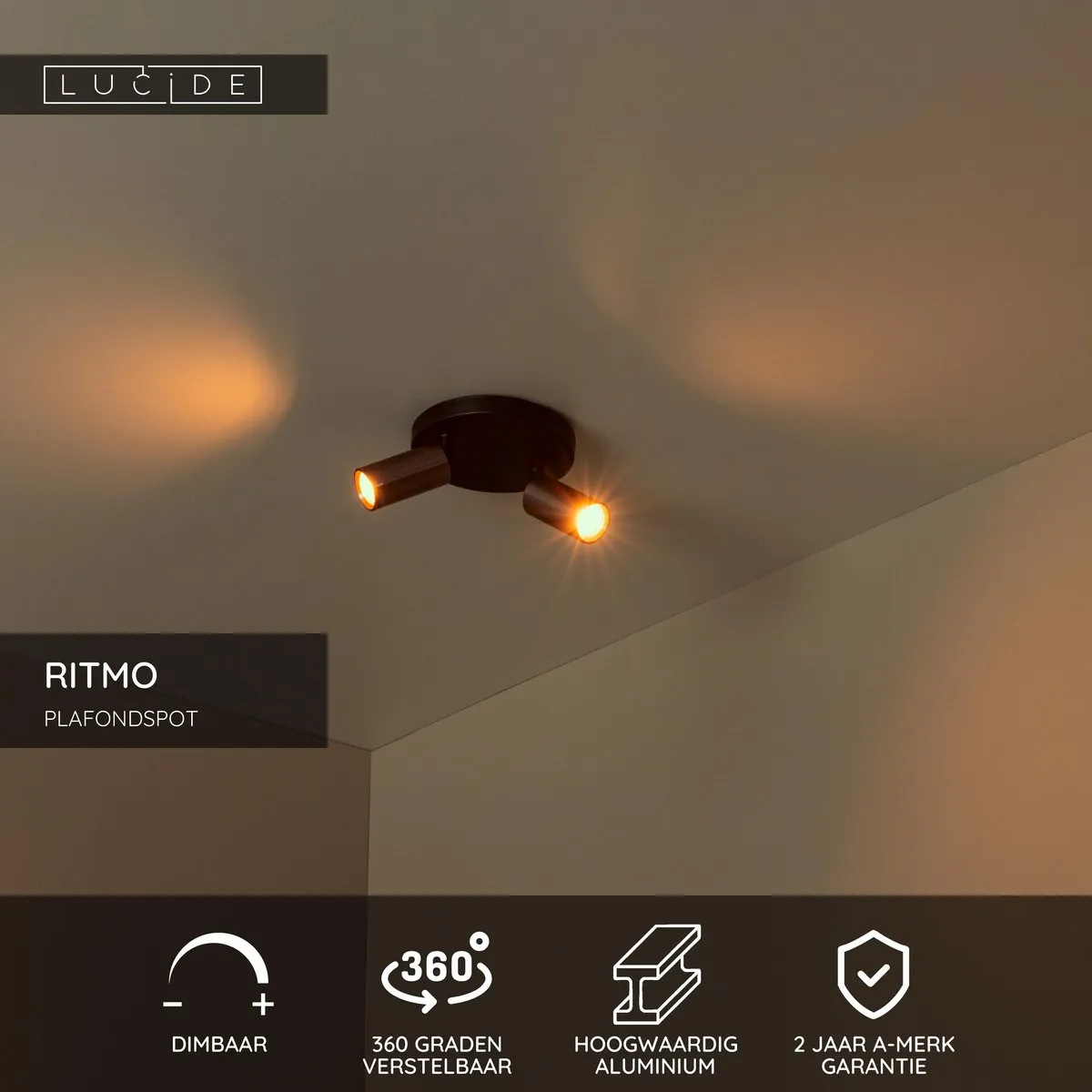 Lucide Ritmo Plafondspot Ø15cm - 2xGU10 Koffie