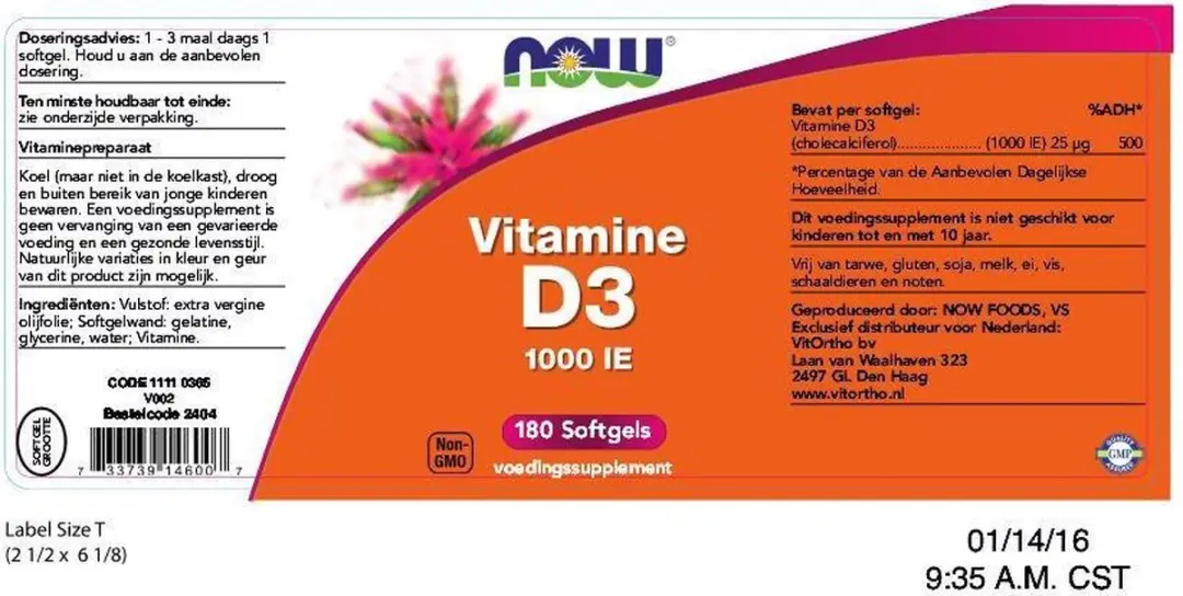 Now Foods Vitamine D3 1000 IE - 180 Softgels