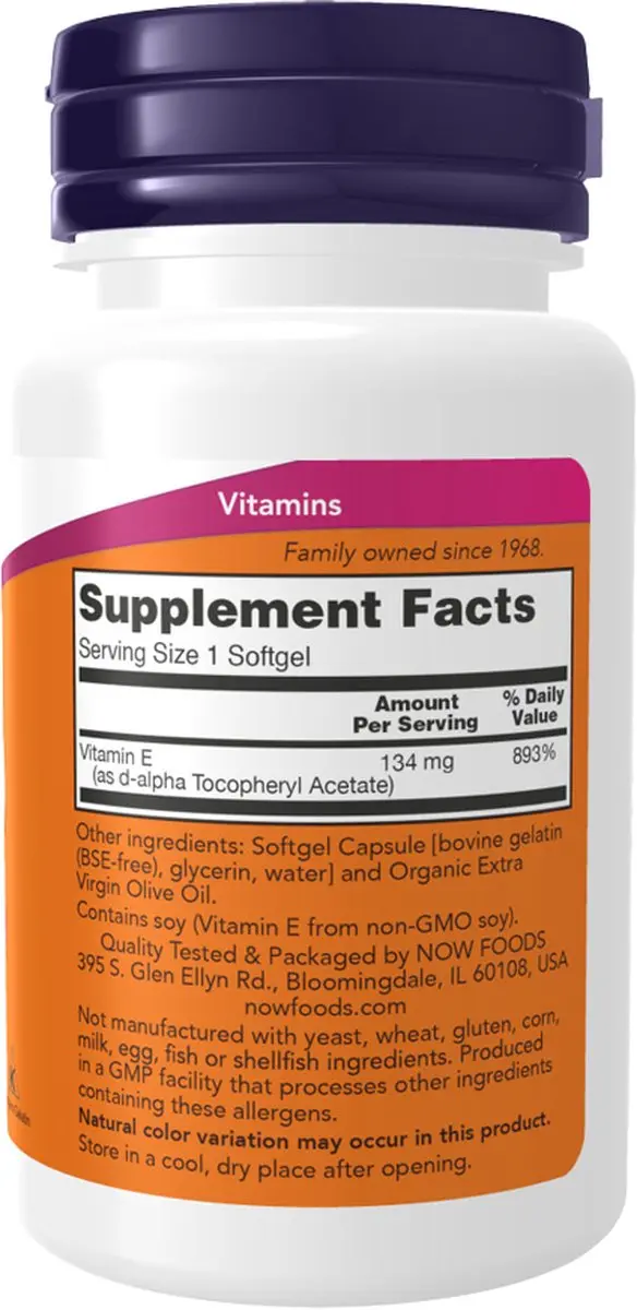 Now Foods Vitamine E 200IU D-Alpha Tocopheryl - 100 Softgels