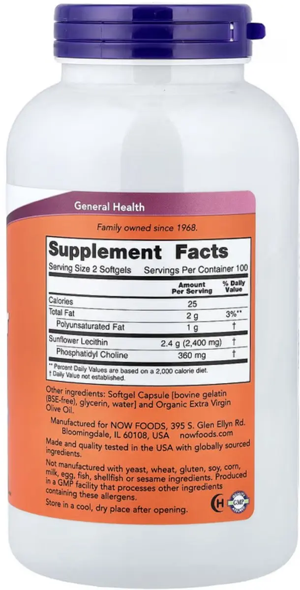Now Foods Zonnebloem Lecithine 1200mg - 200 Softgels
