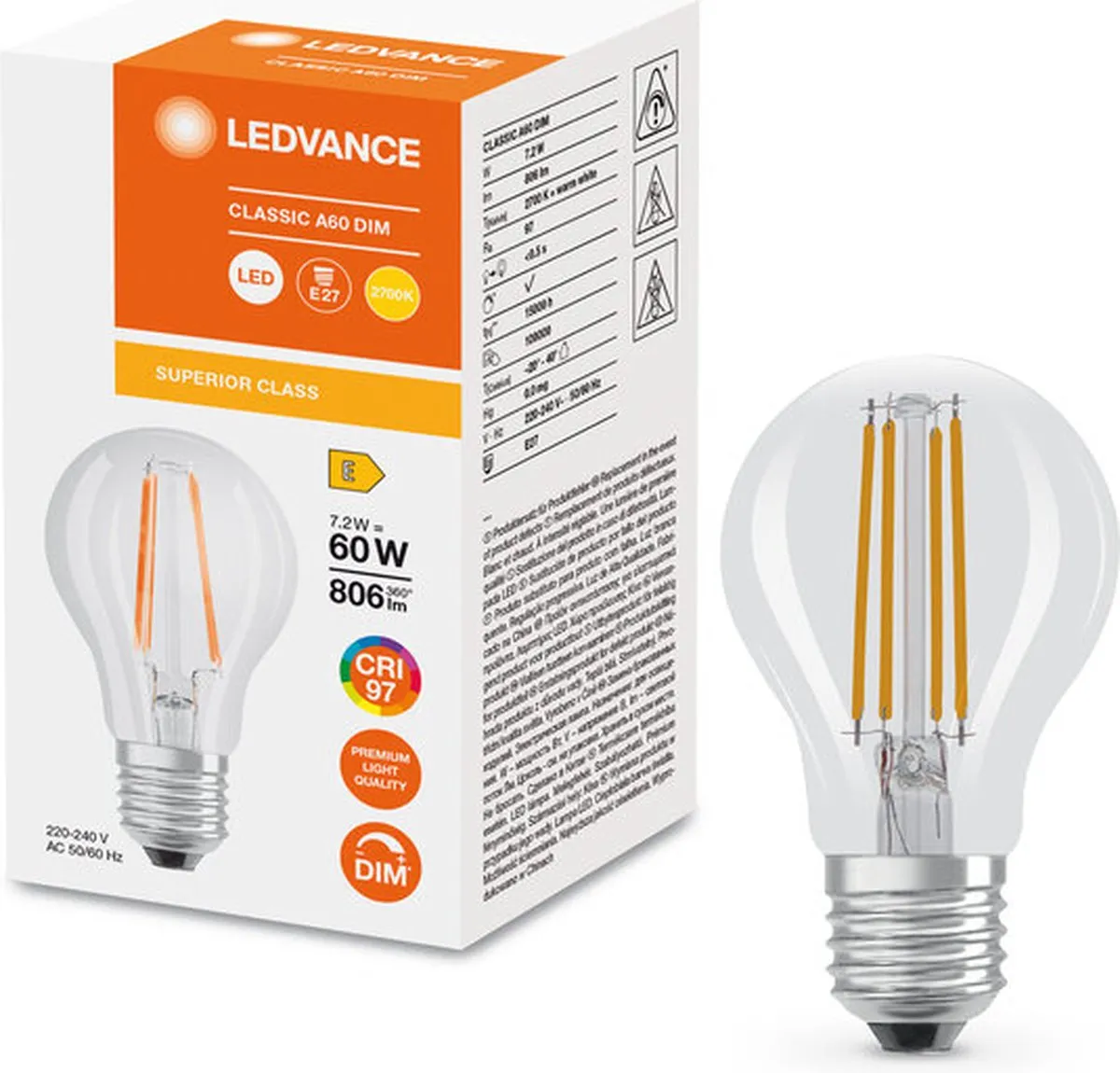 LEDVANCE Classic E27 Peer Filament 7.2W 806lm - Zeer Warm Wit