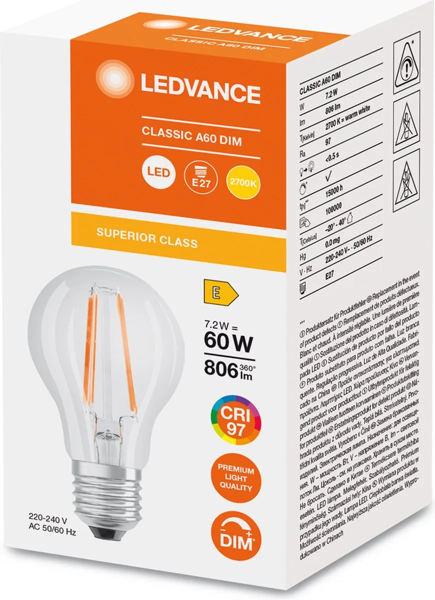 LEDVANCE Classic E27 Peer Filament 7.2W 806lm - Zeer Warm Wit