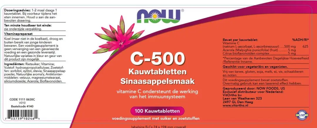 Now Foods Vitamine C 500mg Kauwtabletten - 100 Stuks