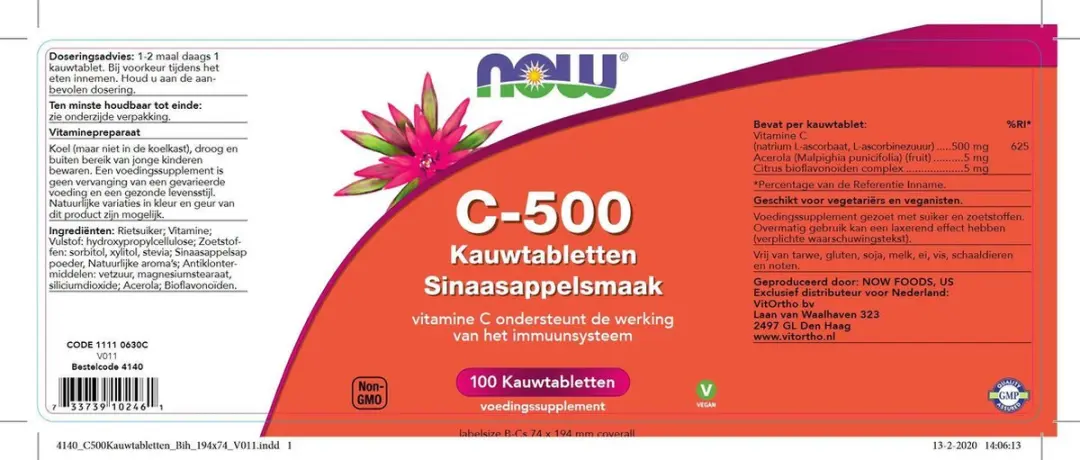Now Foods Vitamine C 500mg Kauwtabletten - 100 Stuks
