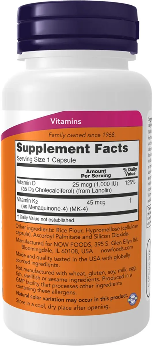 Now Foods Vitamine D3 & K2 120 Capsules