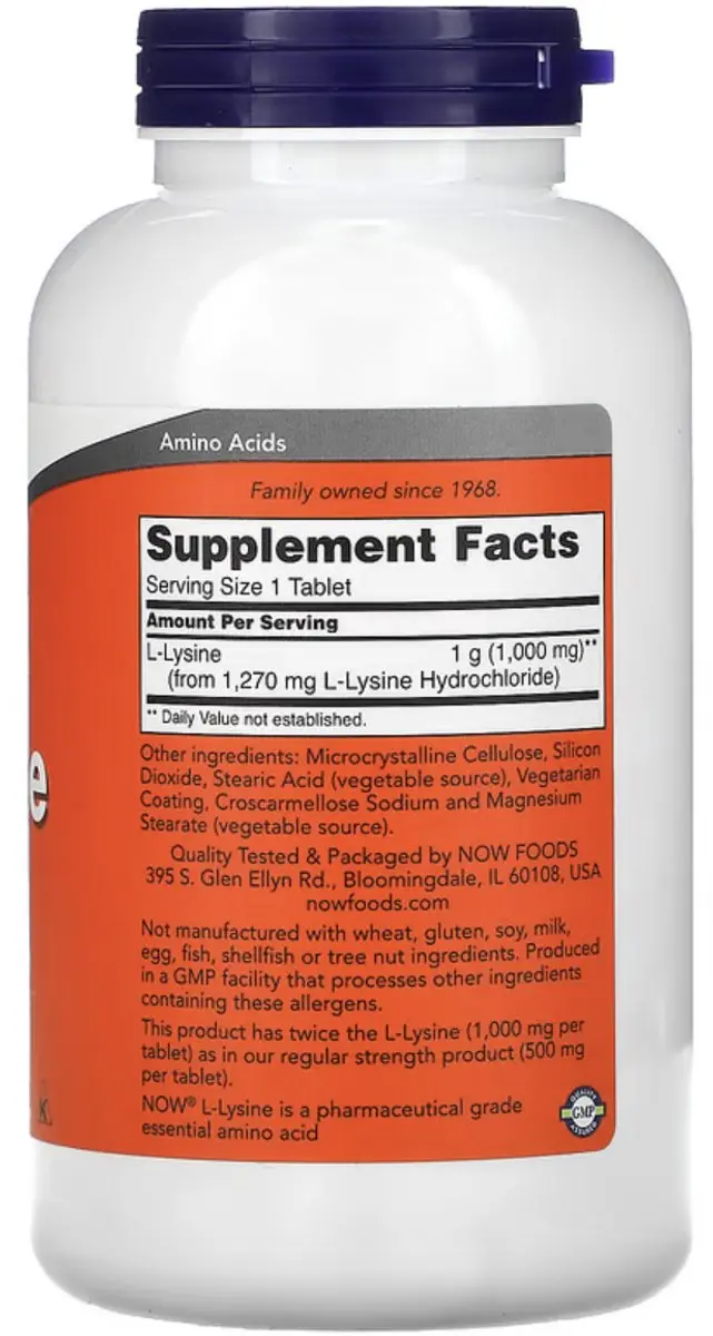 Now Foods L-Lysine 1000mg 250 Tabs - 500g
