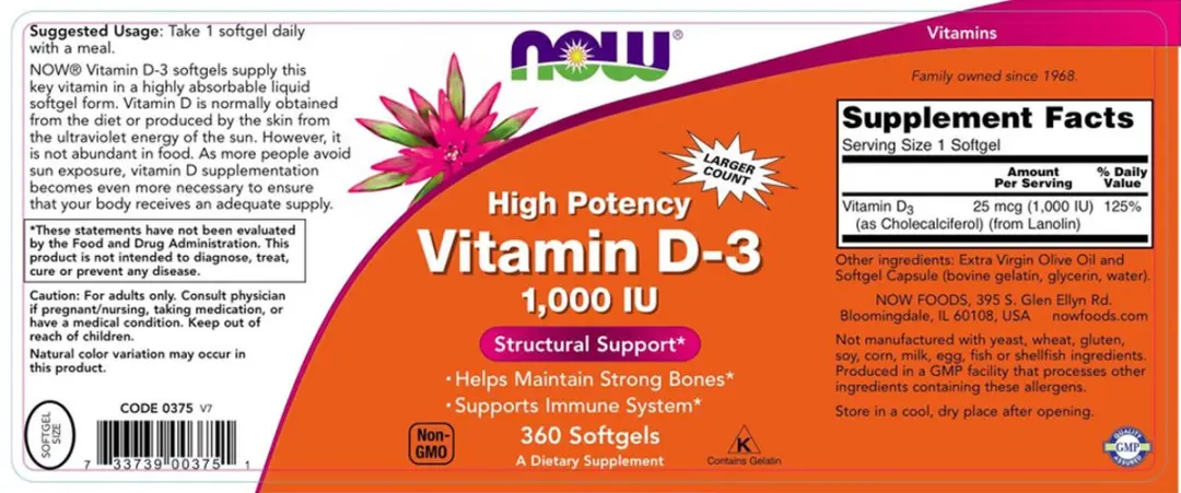 Now Foods Vitamine D3 1000IE 180 Stuks