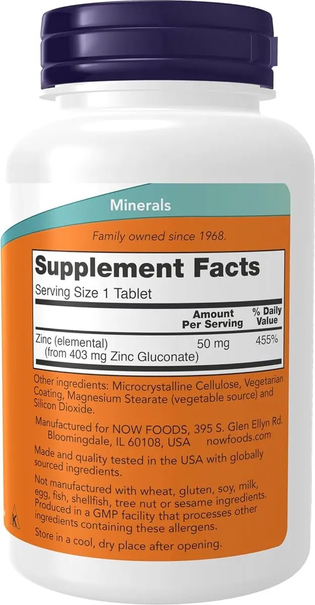 Now Foods Zink Gluconaat 50mg - 250 tabletten