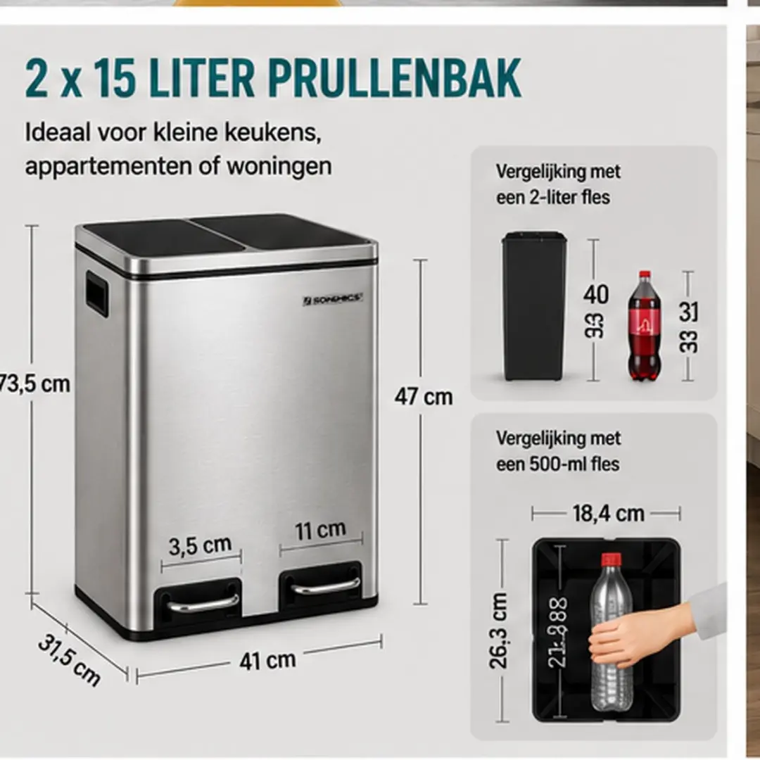 Songmics Prullenbak 30L 2-vaks - 41x35x47cm Zilver