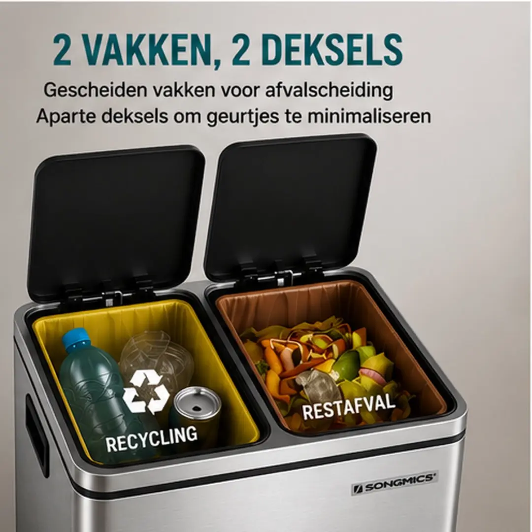 Songmics Prullenbak 30L 2-vaks - 41x35x47cm Zilver - afbeelding 6 van 6