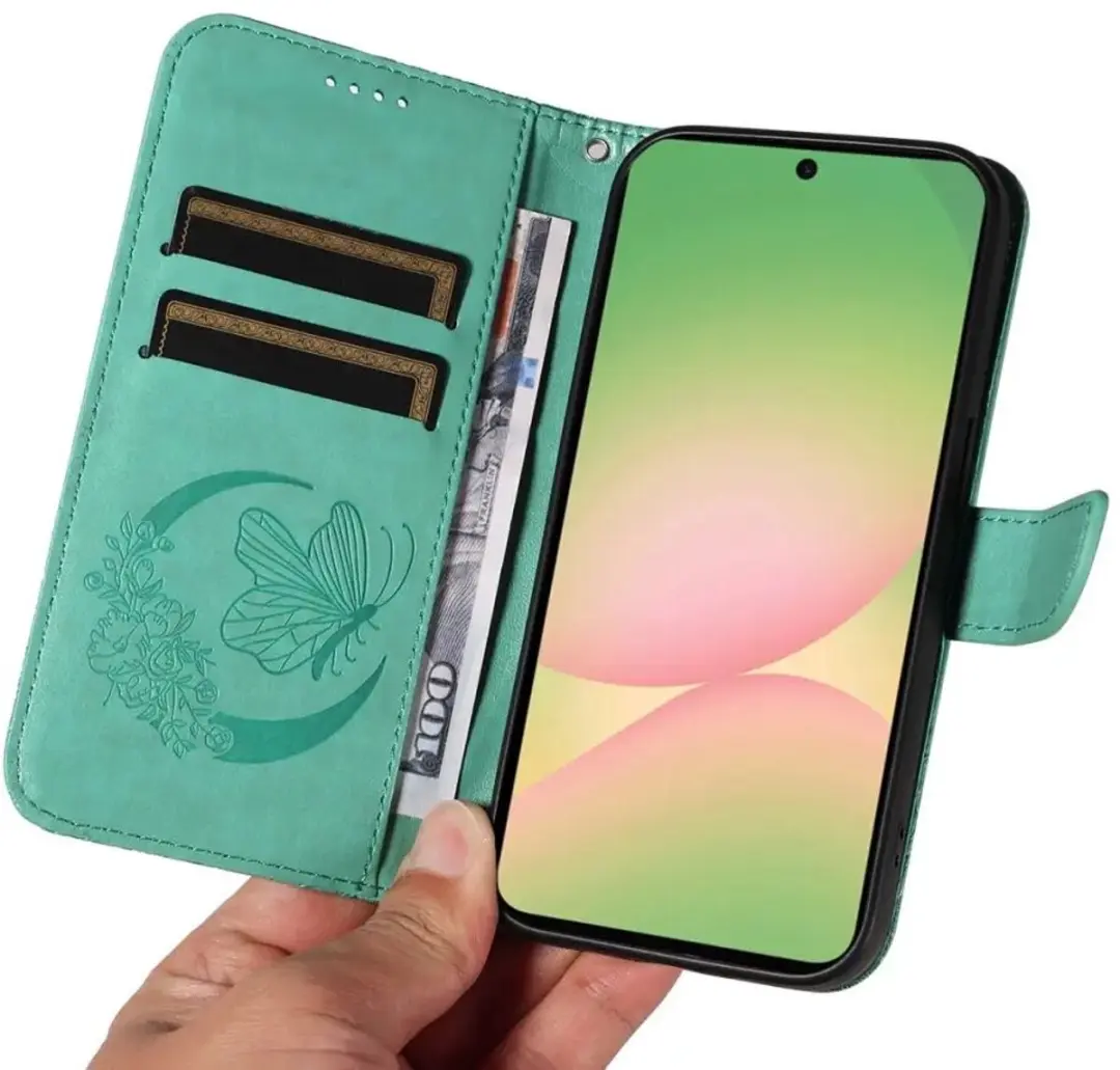 Selected Hoesje Samsung Galaxy A57 Wallet Vlinder Kunstleer Groen - 2 Pasjes