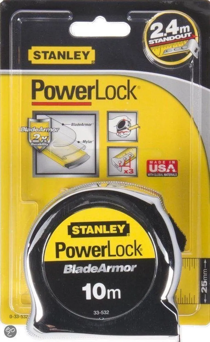 Stanley Rolbandmaat Powerlock Blade Armor 10m - Geel