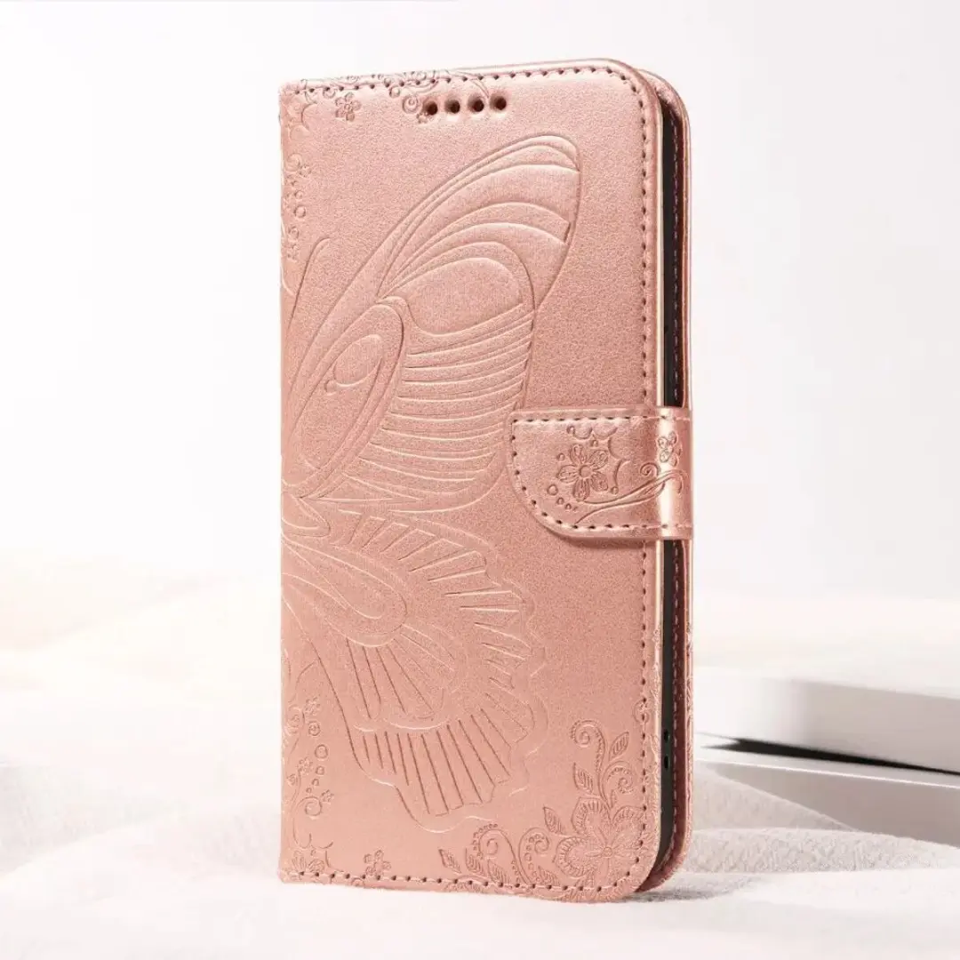 Selected Hoesje Samsung Galaxy A56 Wallet Vlinder Kunstleer - Roze Goud