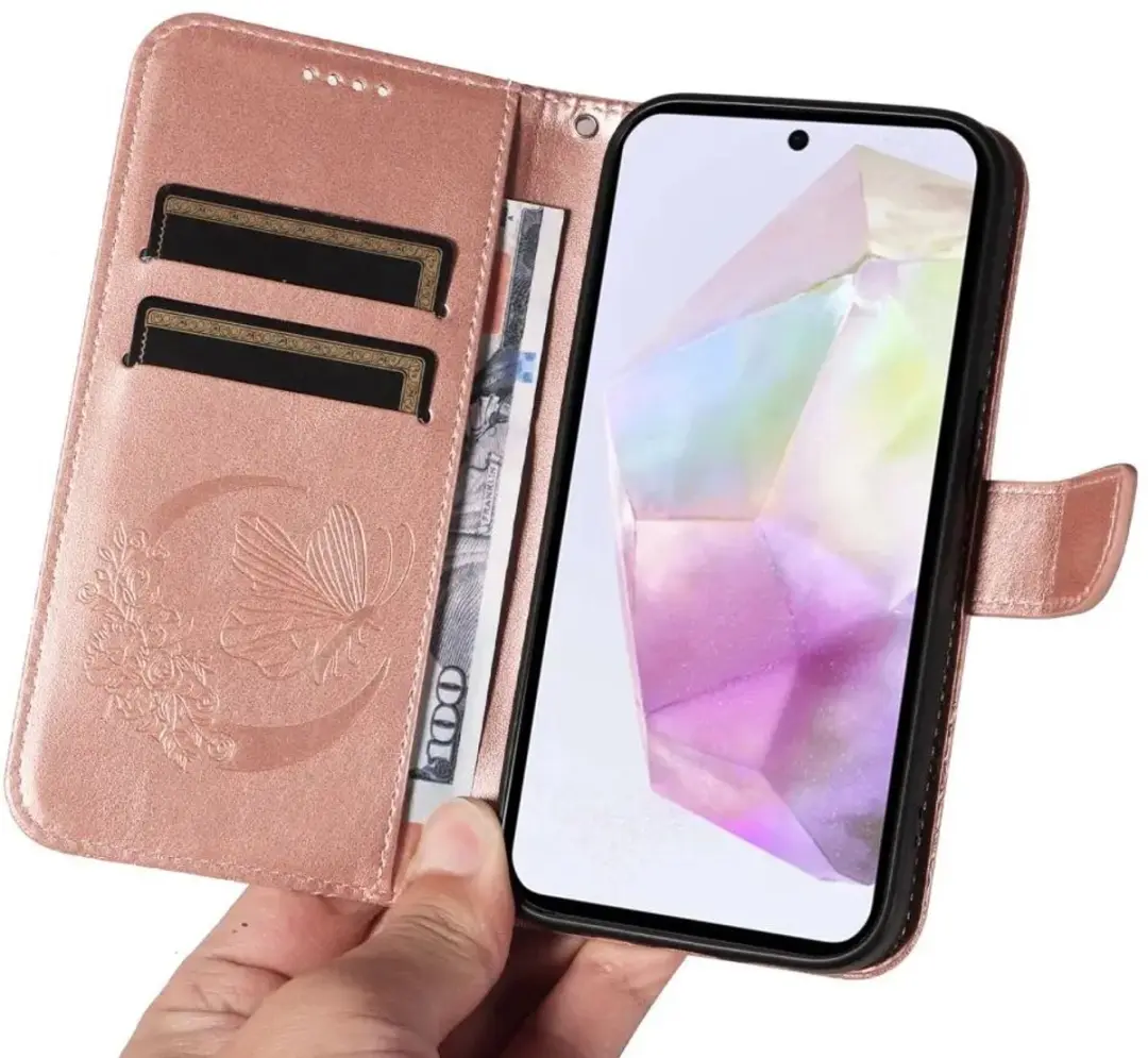 Selected Hoesje Samsung Galaxy A56 Wallet Vlinder Kunstleer - Roze Goud