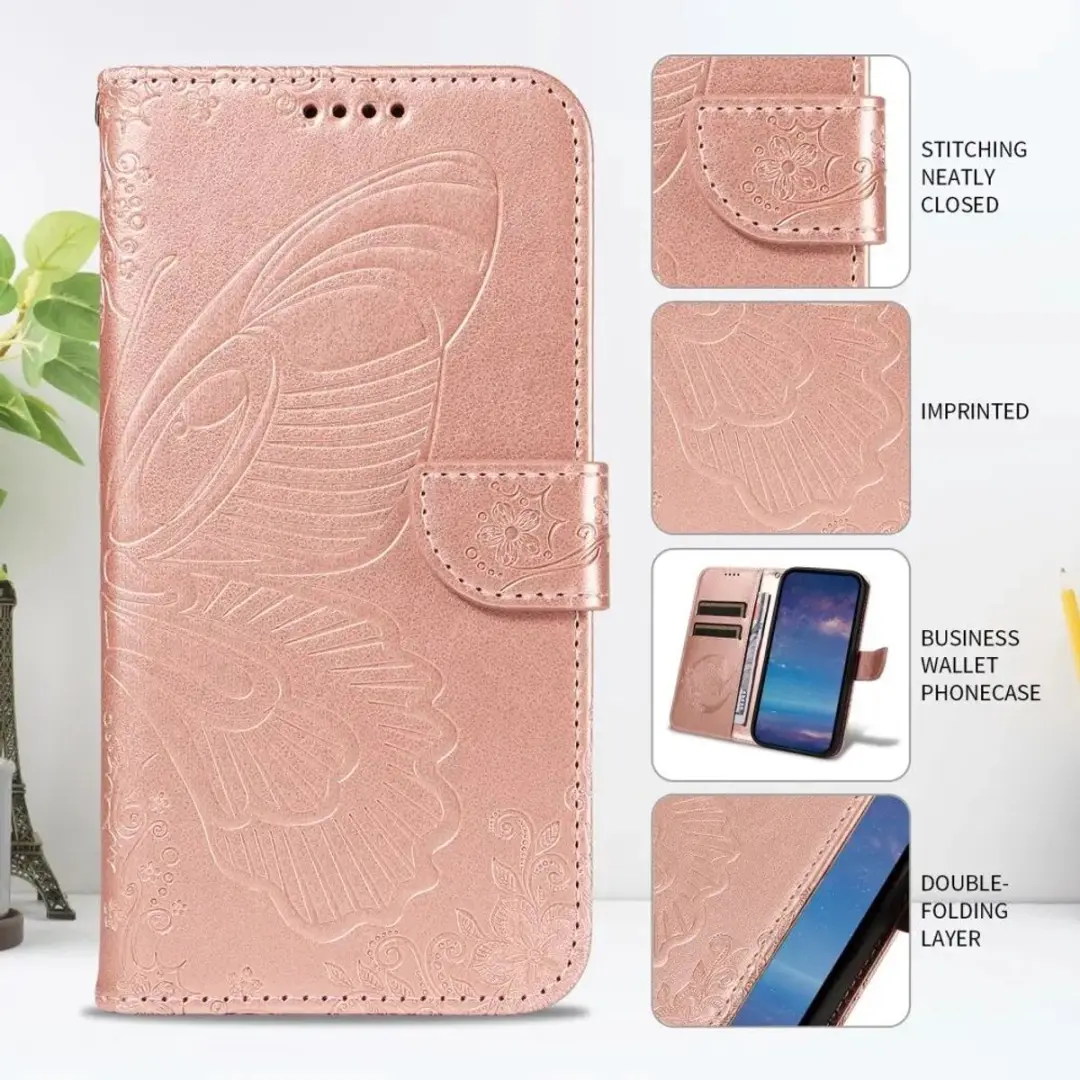Selected Hoesje Samsung Galaxy A56 Wallet Vlinder Kunstleer - Roze Goud