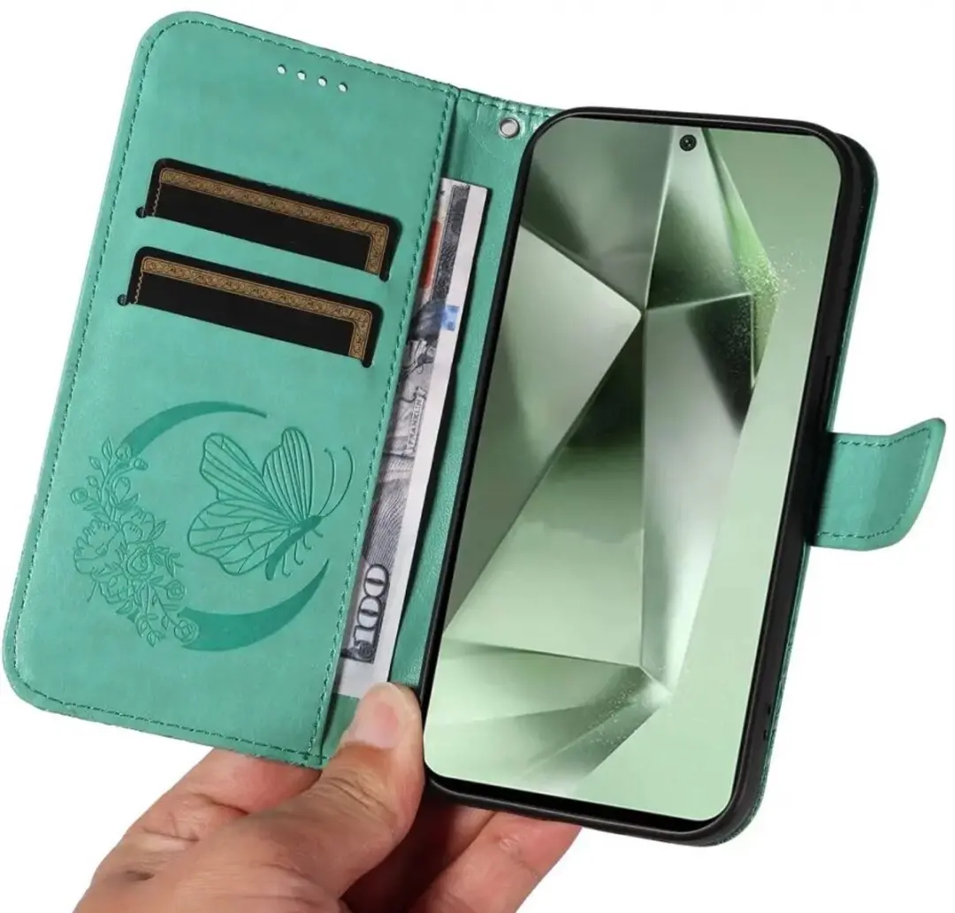 Selected Hoesje Samsung Galaxy S24 FE Wallet Vlinder Kunstleer Groen