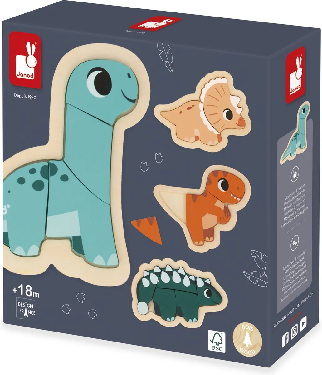 Janod Dino J05824 Houten Puzzels - 14 Stuks - Multikleur