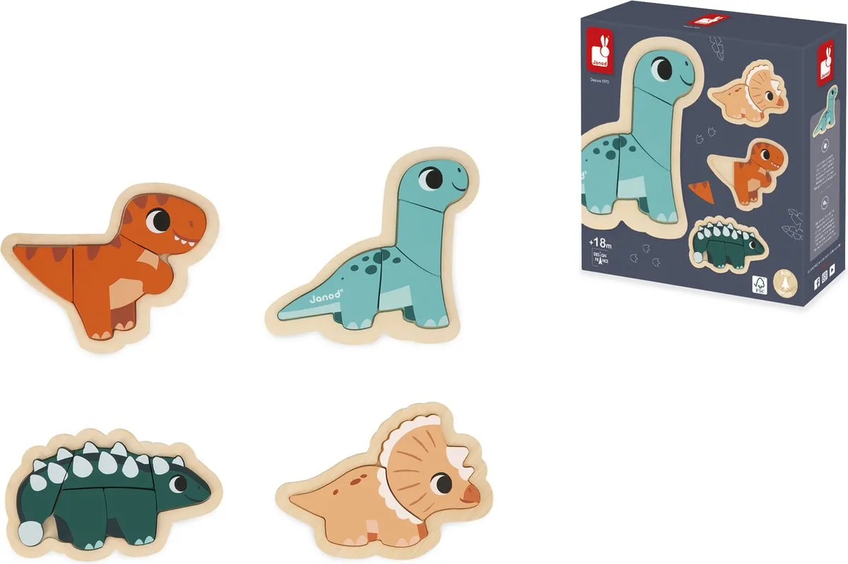 Janod Dino J05824 Houten Puzzels - 14 Stuks - Multikleur