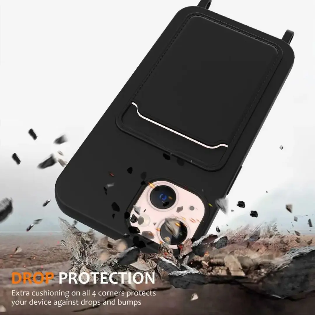 Selected Hoesje iPhone 14 - Siliconen met Koord & Pasjeshouder - Zwart
